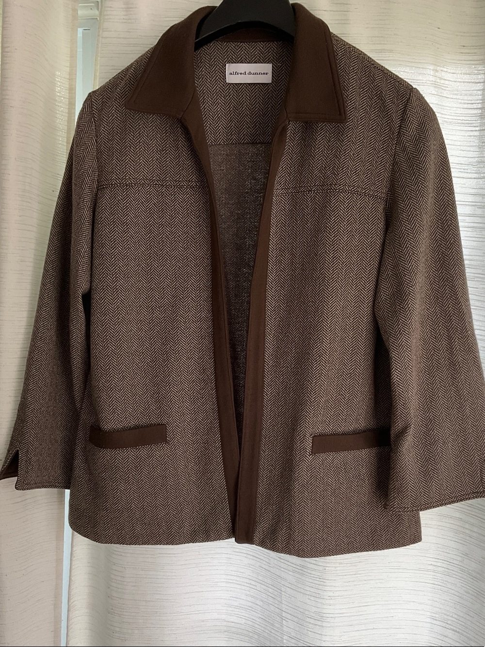 Alfred Dunner Brown Herringbone Open-Front Blazer with Dark Brown Trim